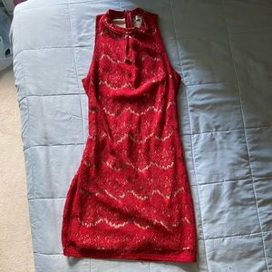 Red lace bodycon mock neck dress